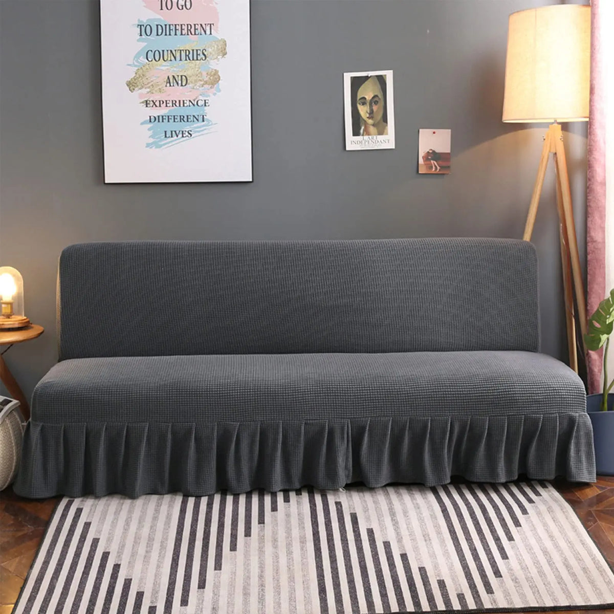 Crfatop Armless Futon Cover with Skirt Ruffled Futon Sofa Bed Cover L-Dark-Grey