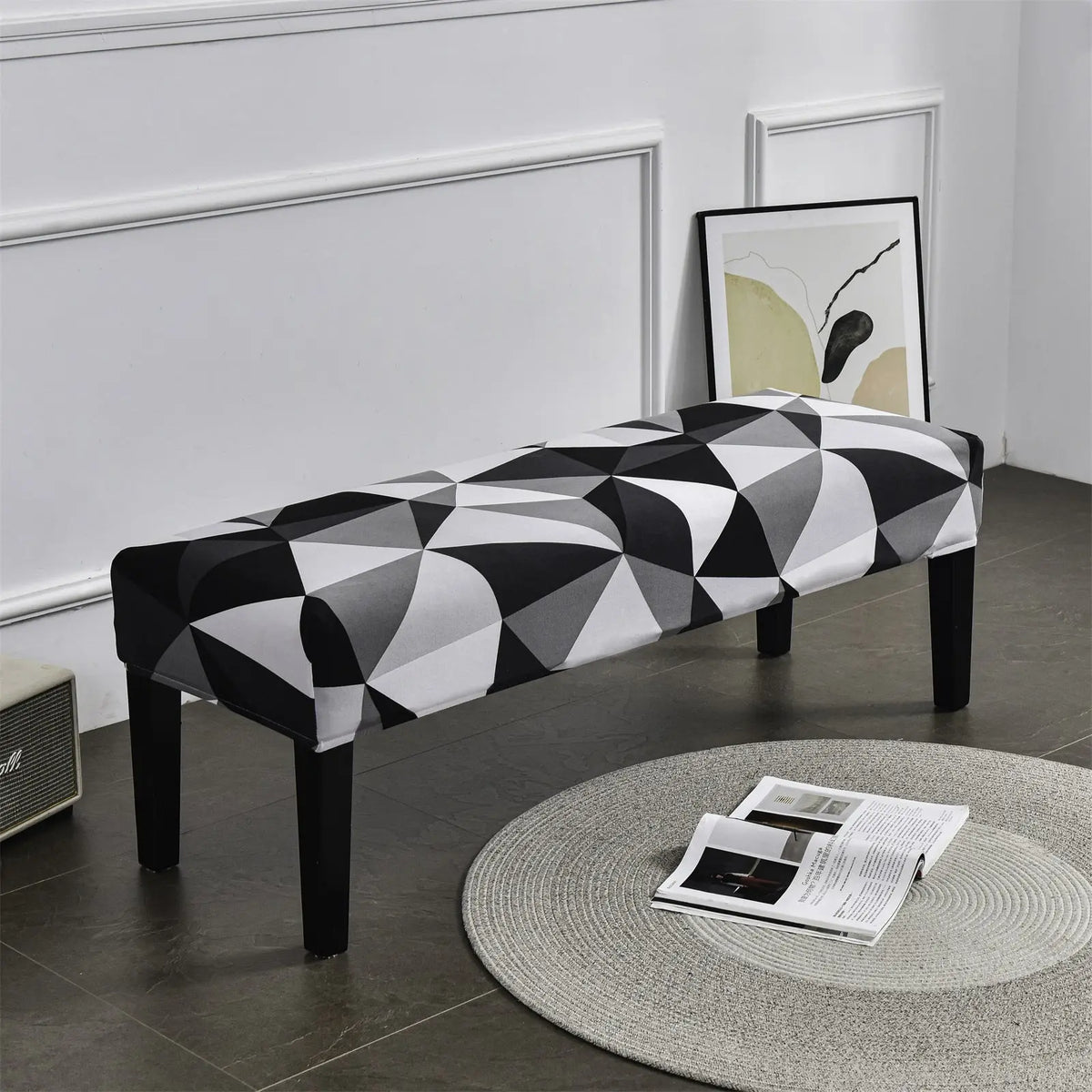 1 Piece Minimalist Style Bench Cover for Dining Kitchen Living Room Durable Black White Polyester Slipcover Crfatop %sku%