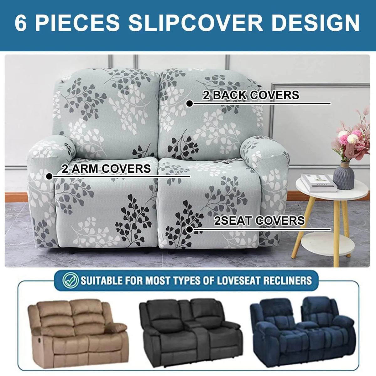 6-Piece Reclining Sofa Cover Non Slip Recliner Loveseat Slipcover Crfatop %sku%