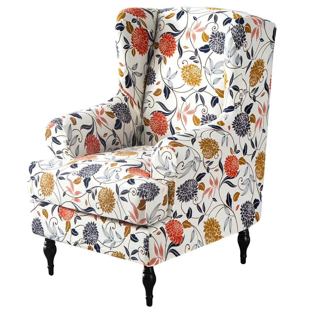 Classical 2 Pieces Wingback Chair Cover Stretchy Floral T-cushion Slipcover for Living Room Crfatop %sku%