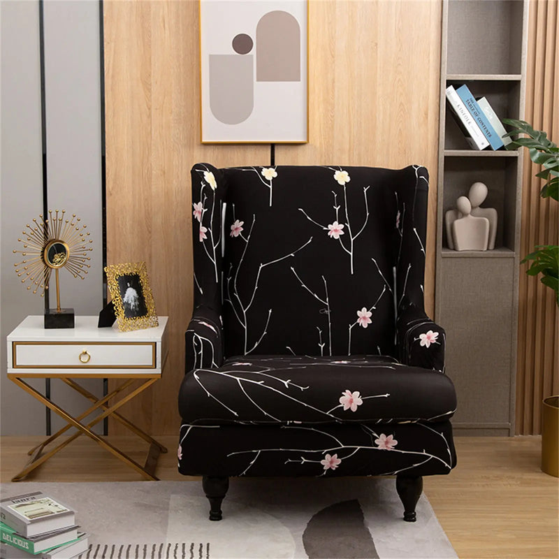 Deluxe Comfort Black Floral Wingchair Slipcover Textured T-Cushion Sofa Cover Crfatop %sku%