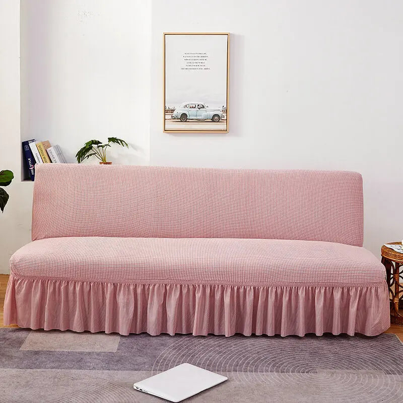 Crfatop Armless Futon Cover with Skirt Ruffled Futon Sofa Bed Cover L-Pink
