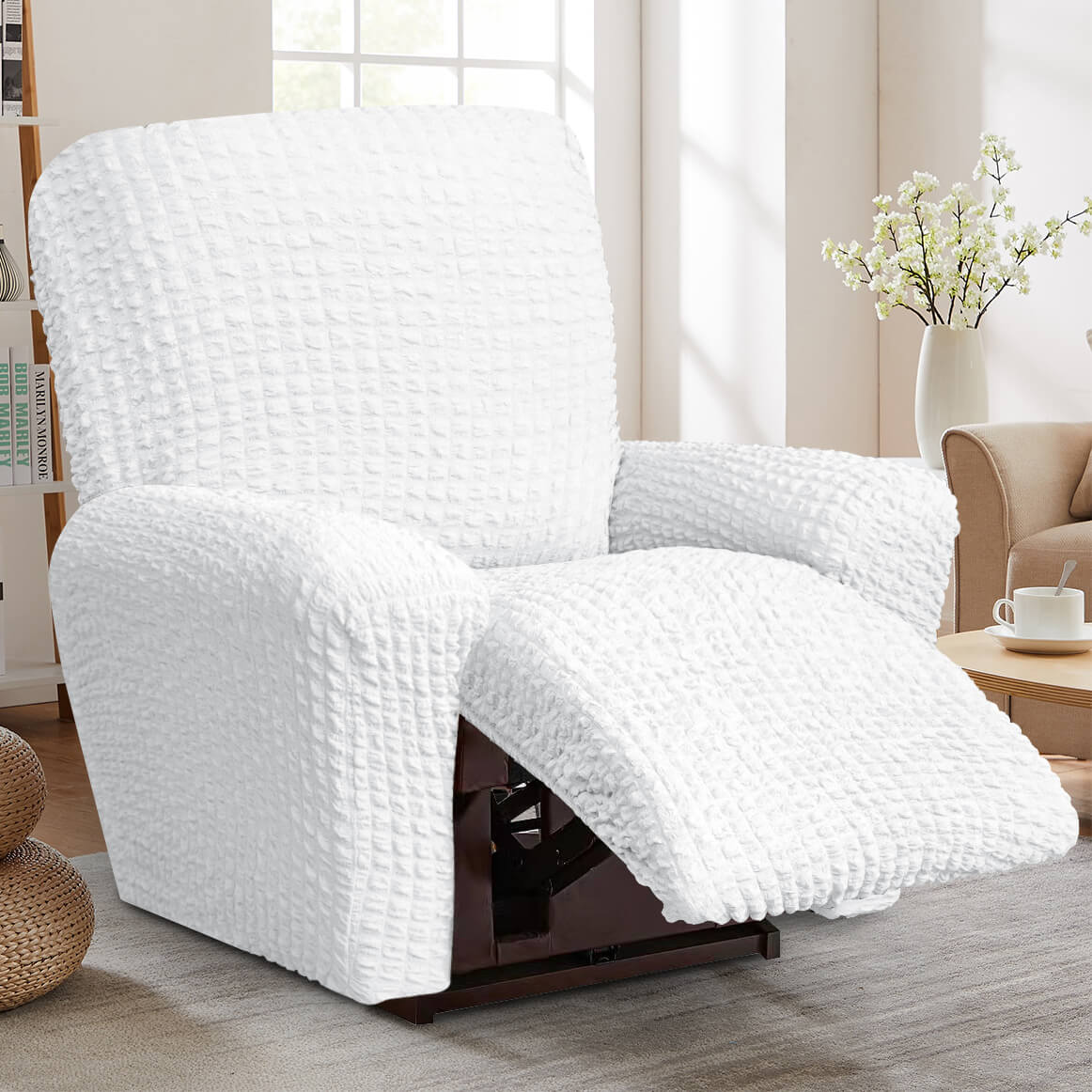 Crfatop High Quality Recliner Seater Cover Seersucker Fabric Reclining Couch Cover ChairWhite
