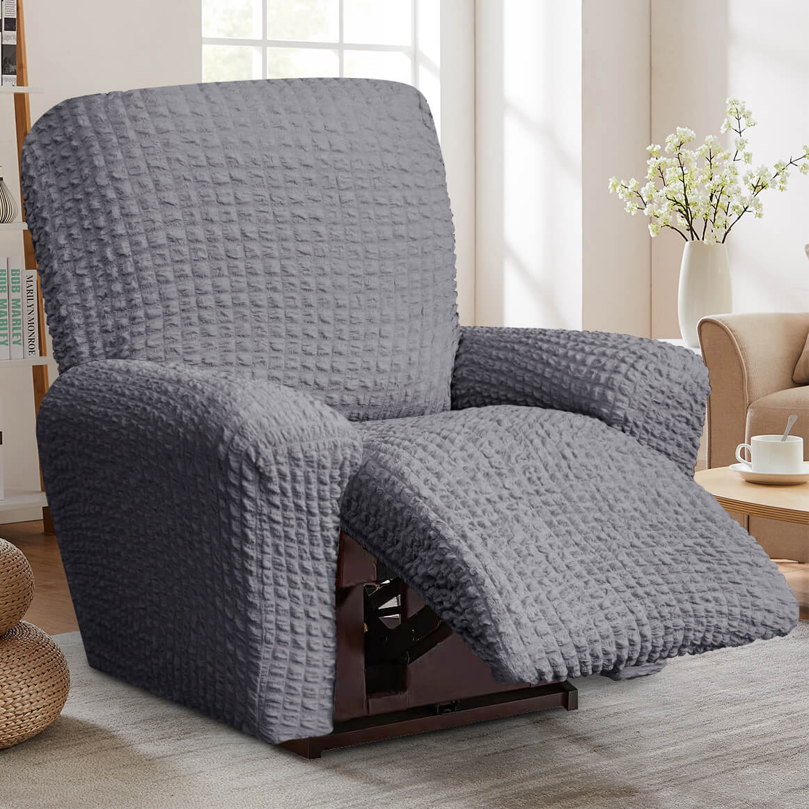Crfatop High Quality Recliner Seater Cover Seersucker Fabric Reclining Couch Cover ChairGrey