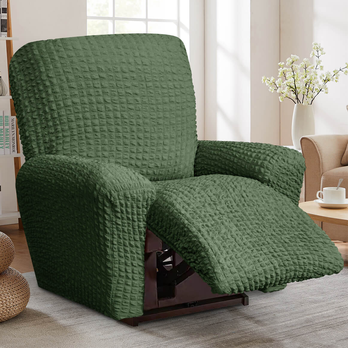 Crfatop High Quality Recliner Seater Cover Seersucker Fabric Reclining Couch Cover ChairGreen