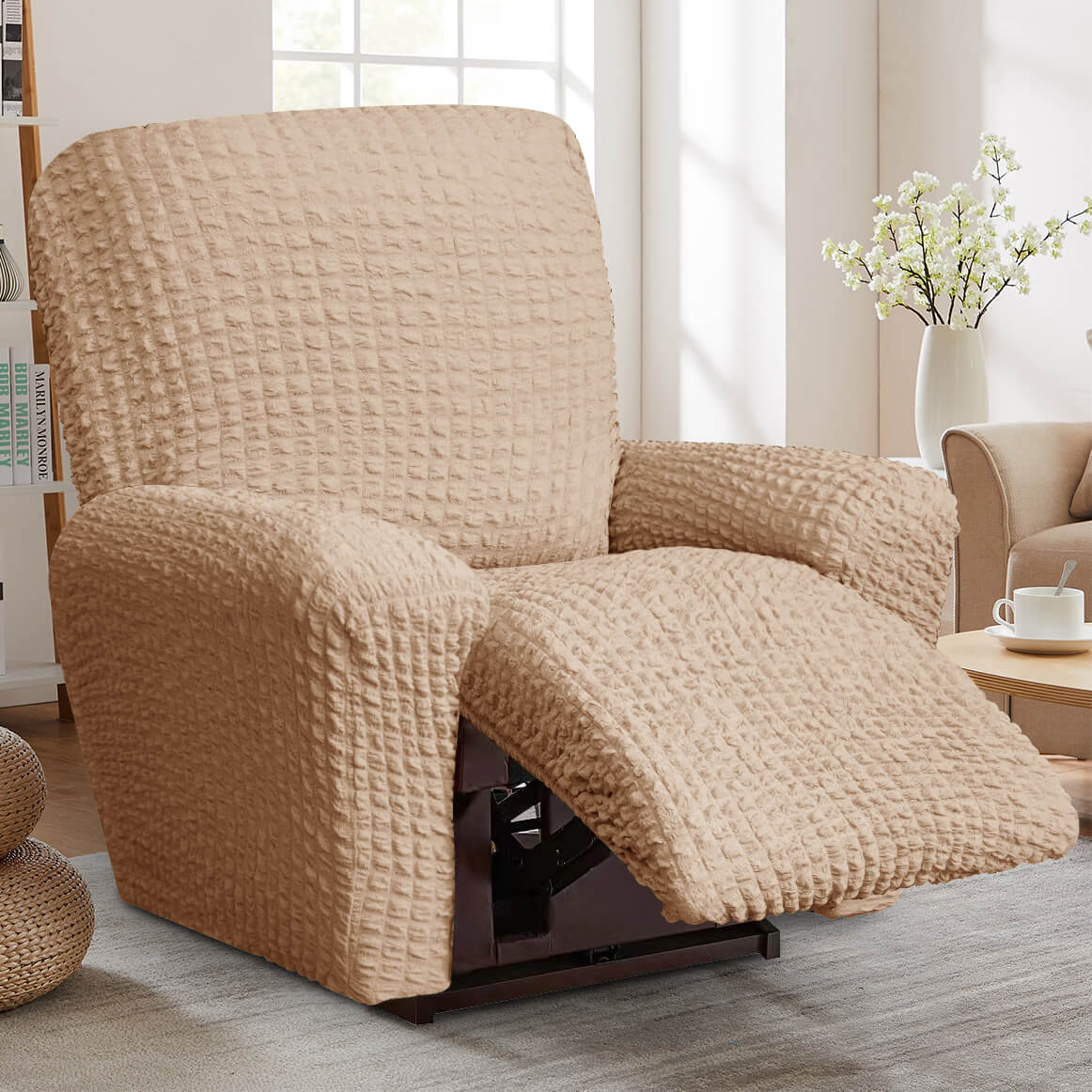 Crfatop High Quality Recliner Seater Cover Seersucker Fabric Reclining Couch Cover ChairCamel