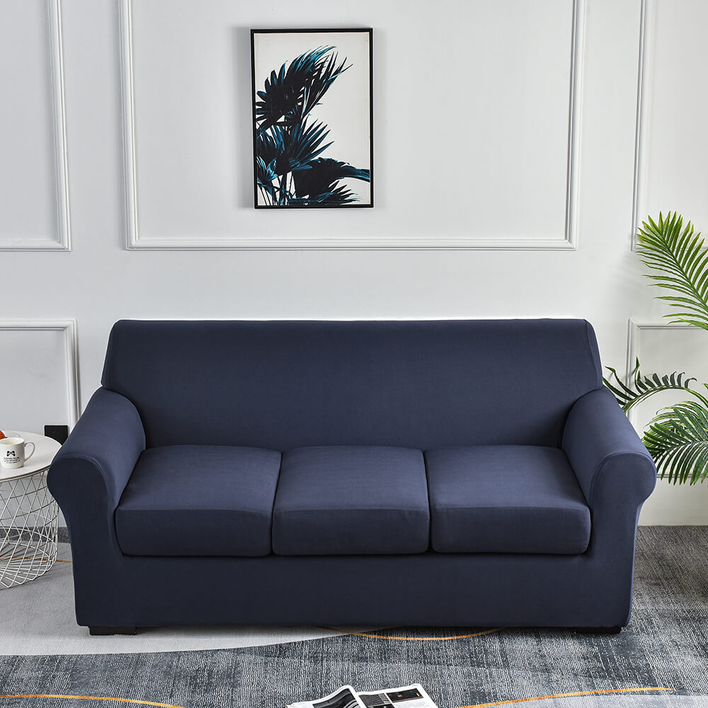 Crfatop Solid Color Box Cushion Sofa Slipcover 3-seatersofaNavy