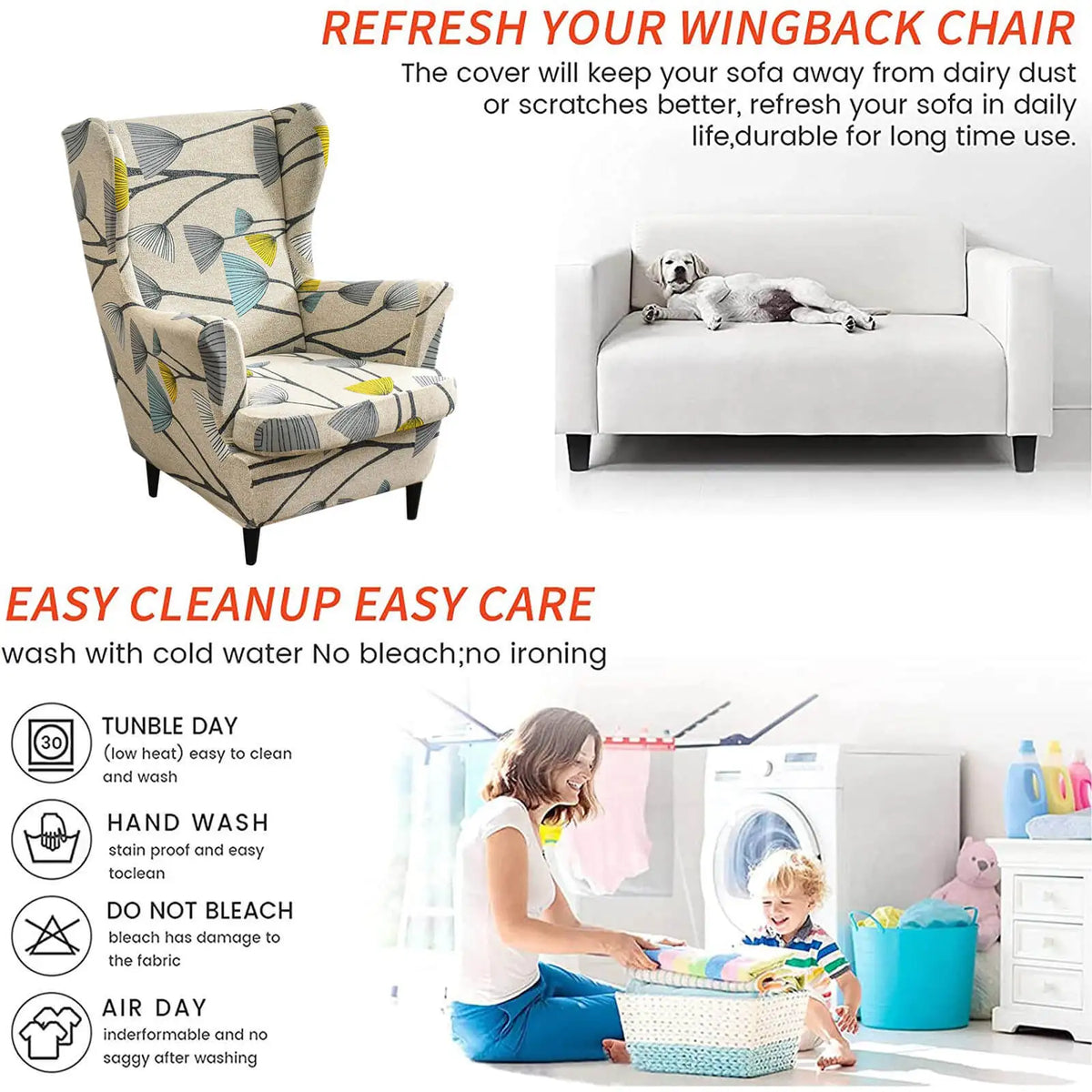2-Piece Floral Slipcover for Wingback Chair - One Size Crfatop %sku%