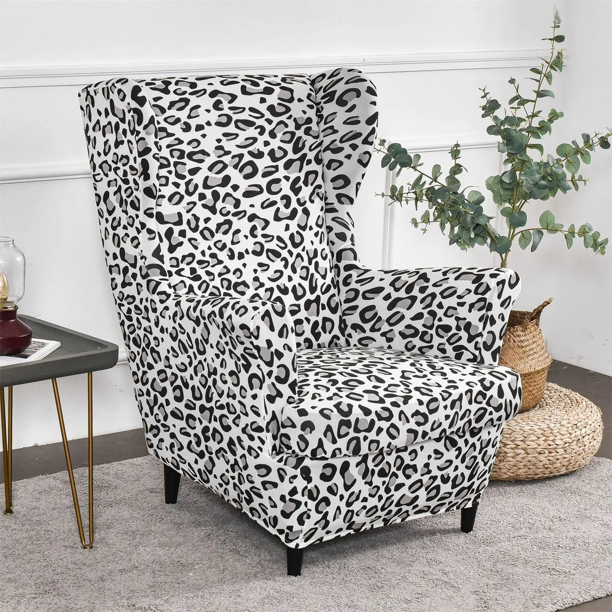 2 Pieces Stretch Leopard Prints Wingback Chair Cover Slipcovers Spandex Fabric Armchair Covers with Elastic Bottom WB0001 Crfatop %sku%