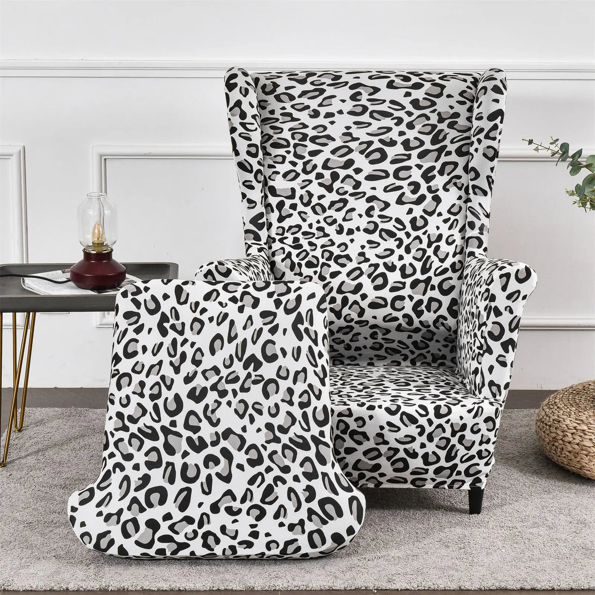 2 Pieces Stretch Leopard Prints Wingback Chair Cover Slipcovers Spandex Fabric Armchair Covers with Elastic Bottom WB0001 Crfatop %sku%