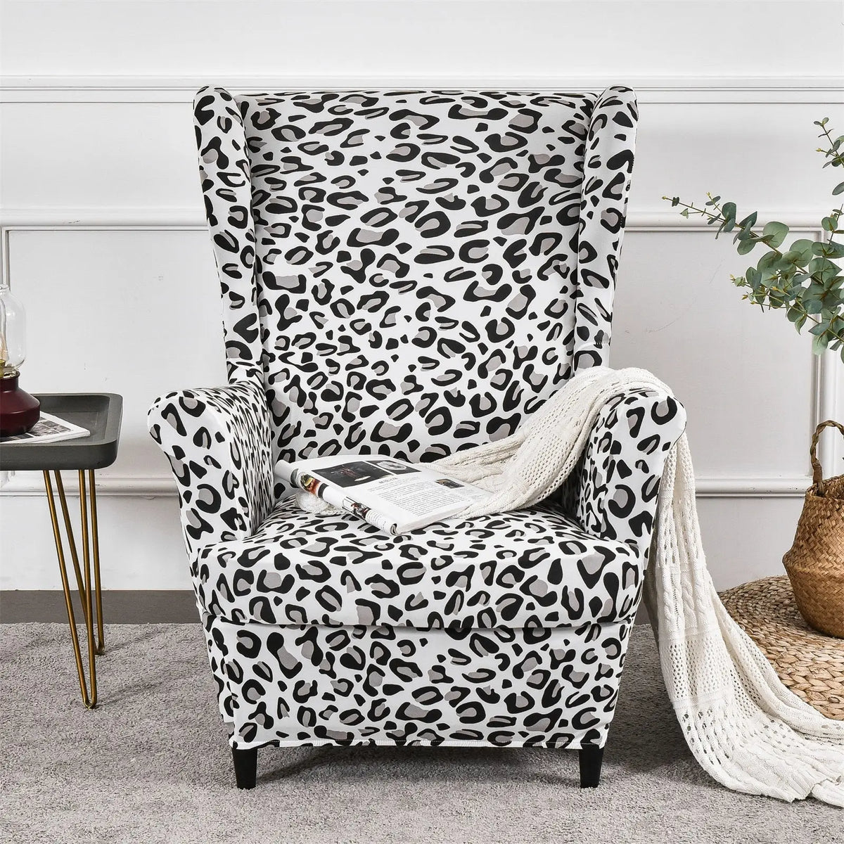 2 Pieces Stretch Leopard Prints Wingback Chair Cover Slipcovers Spandex Fabric Armchair Covers with Elastic Bottom WB0001 Crfatop %sku%
