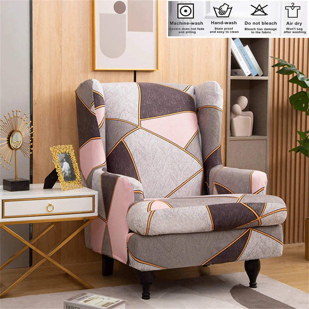 Patterned Wingback Chair Cover High Quality Furniture Protector - Pink-grey Crfatop %sku%