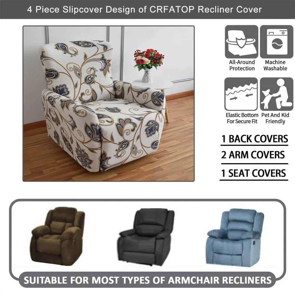 4 Pieces Floral Prints Seat Recliner Sofa Cover Stretchable Couch Slipcover Crfatop %sku%