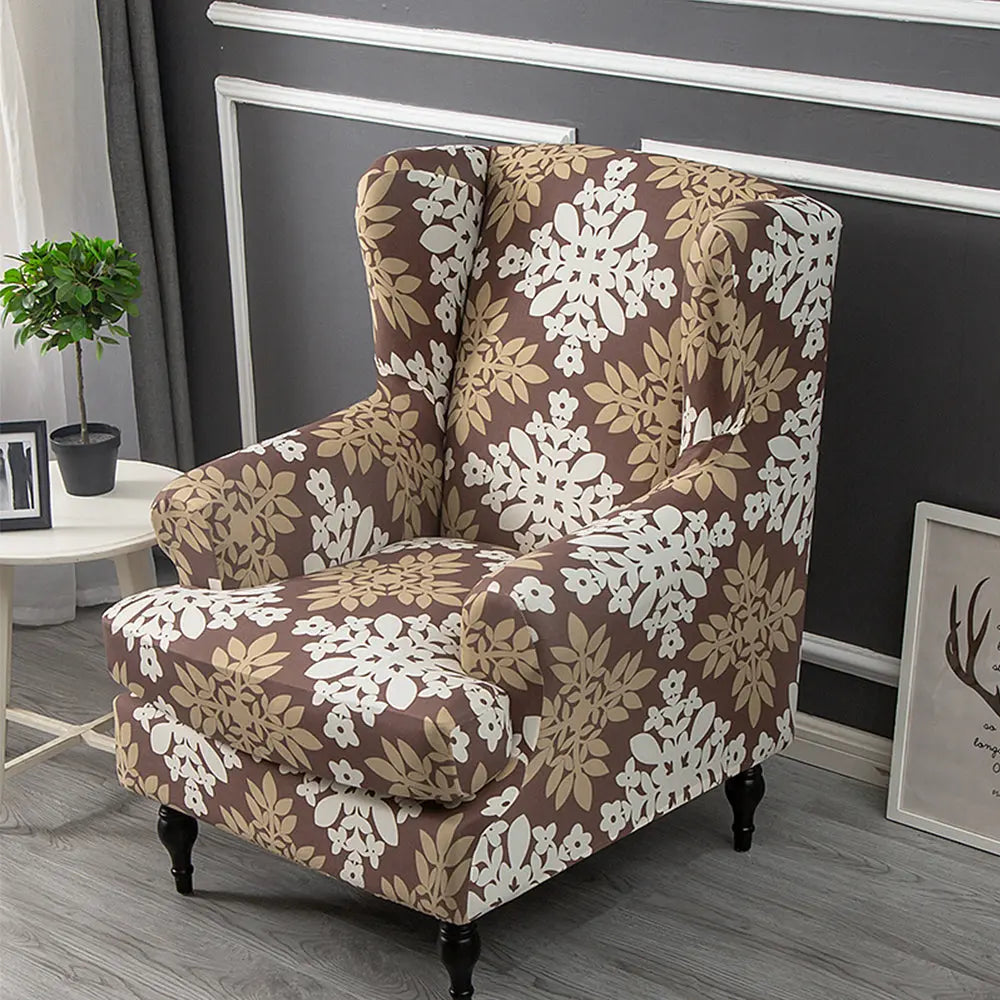Classical 2 Pieces Wingback Chair Cover Stretchy Floral T-cushion Slipcover for Living Room Crfatop %sku%