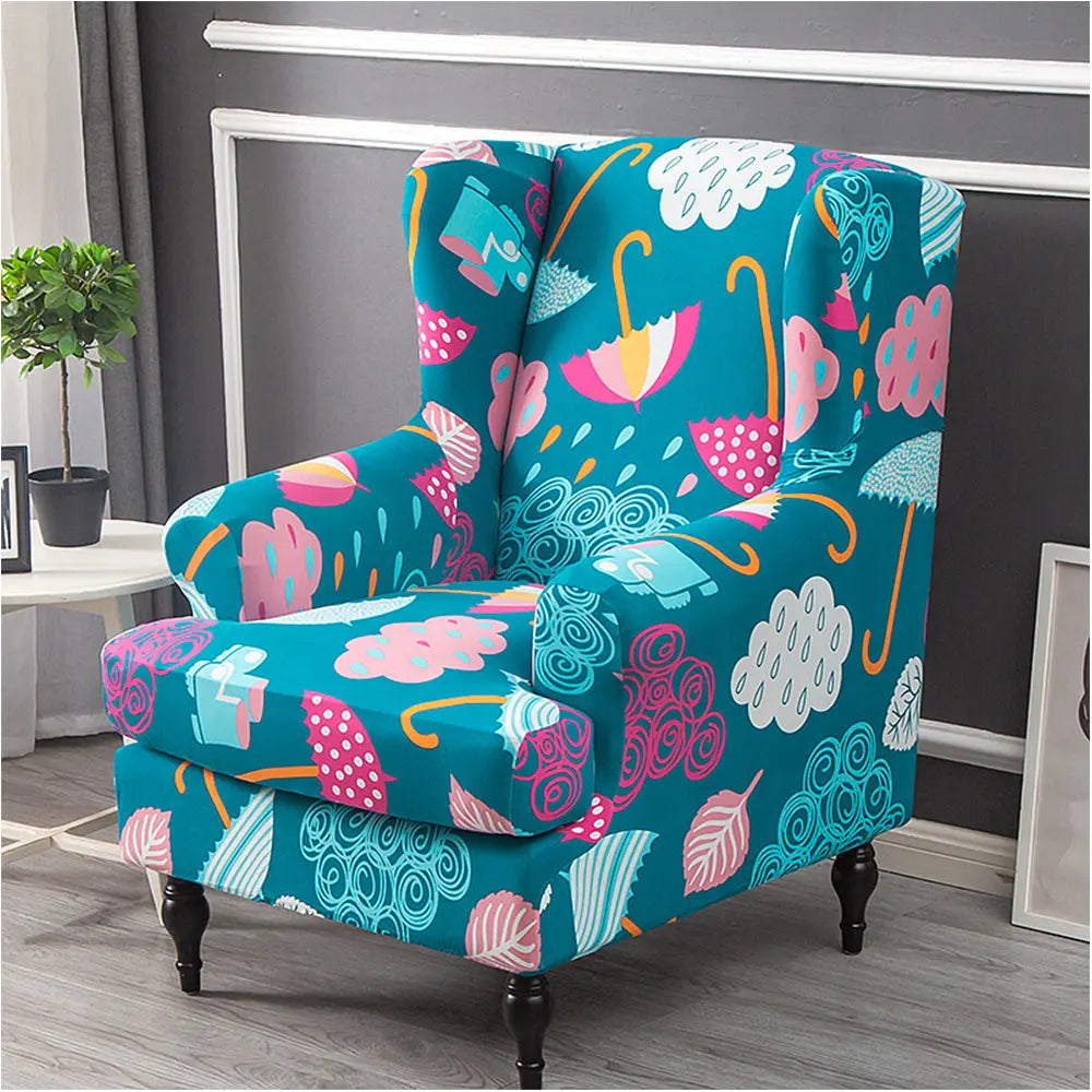 Classical 2 Pieces Wingback Chair Cover Stretchy Floral T-cushion Slipcover for Living Room Crfatop %sku%