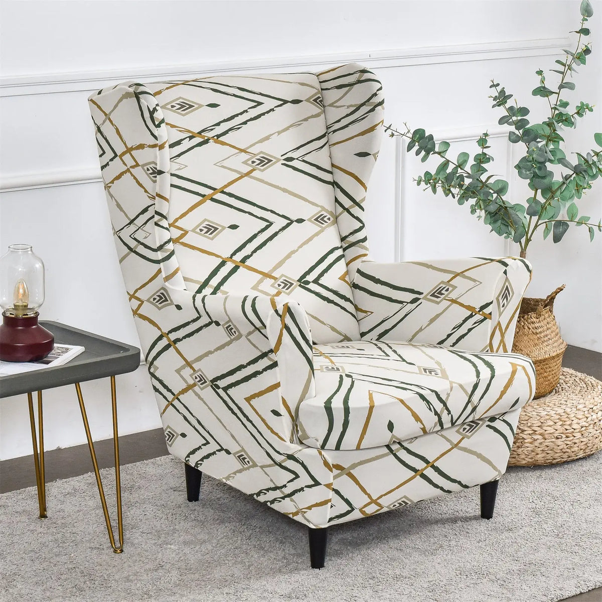 Classical Striped Wingback Chair Cover 2 Pieces Stretch T-cushion Armchair Slipcover WB0009 Crfatop %sku%