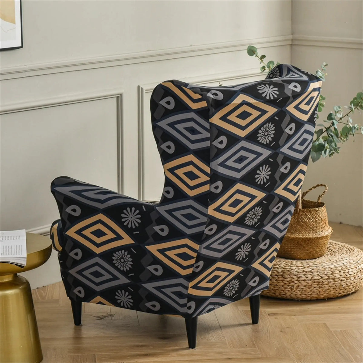 Crfatop Patterns Design Wingback Chair Cover Black Dirt-resistant Box Cushion Armchair Slipcover Crfatop %sku%