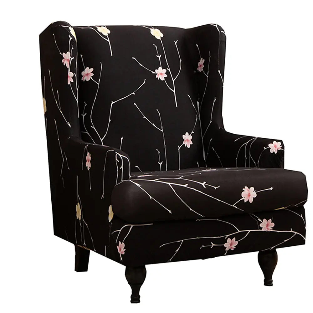 Deluxe Comfort Black Floral Wingchair Slipcover Textured T-Cushion Sofa Cover Crfatop %sku%