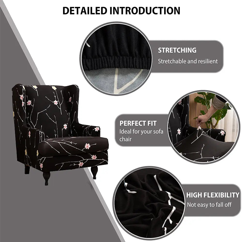 Deluxe Comfort Black Floral Wingchair Slipcover Textured T-Cushion Sofa Cover Crfatop %sku%