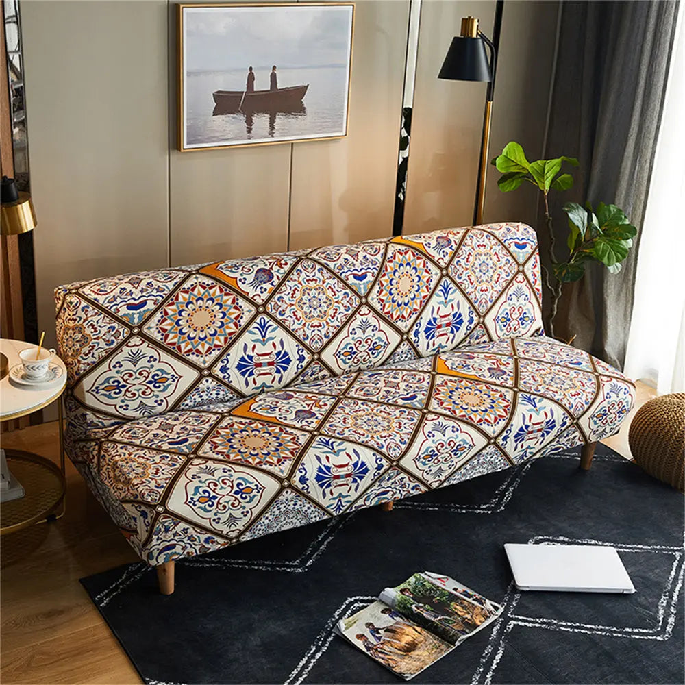 Fashion Folding Futon Sofa Bed Cover Elastic Armless Ethnic Style Couch Slipcover FU003 Crfatop %sku%
