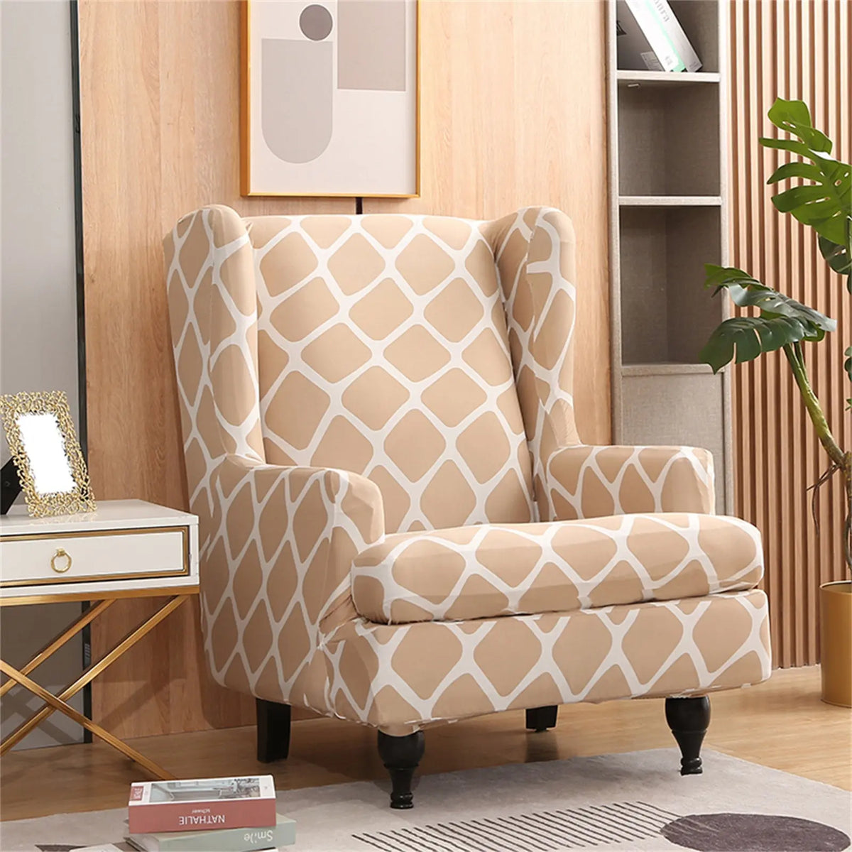 Grid Printing Wingback Chair Cover Stretch Couch Cover With T Cushion Cover Crfatop Crfatop %sku%
