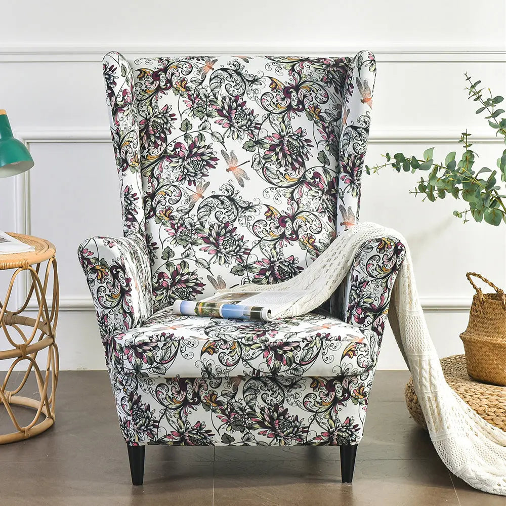 2-Piece Wingback Chair Cover Patterned Wing Arm Chair Slipcover