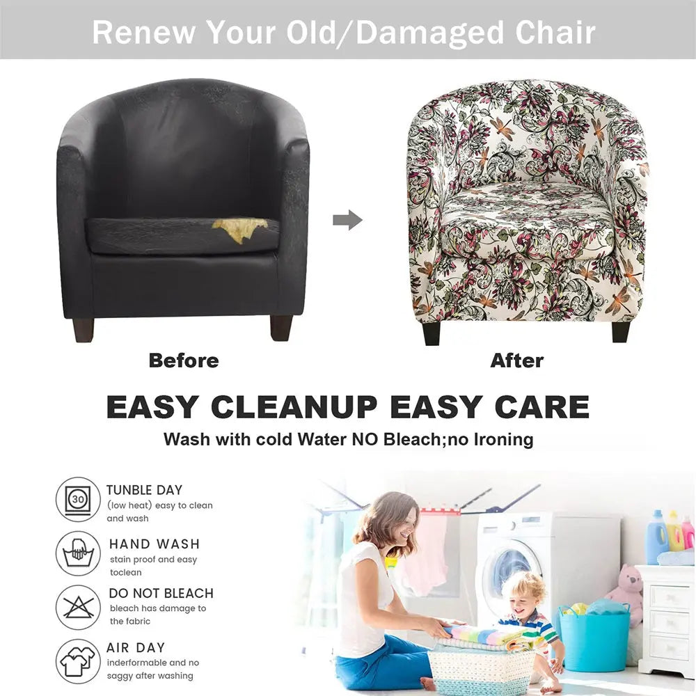 Pretty Floral Printing Club Armchair Cover Washable Waterproof Furniture Protector Slipcovers Crfatop %sku%