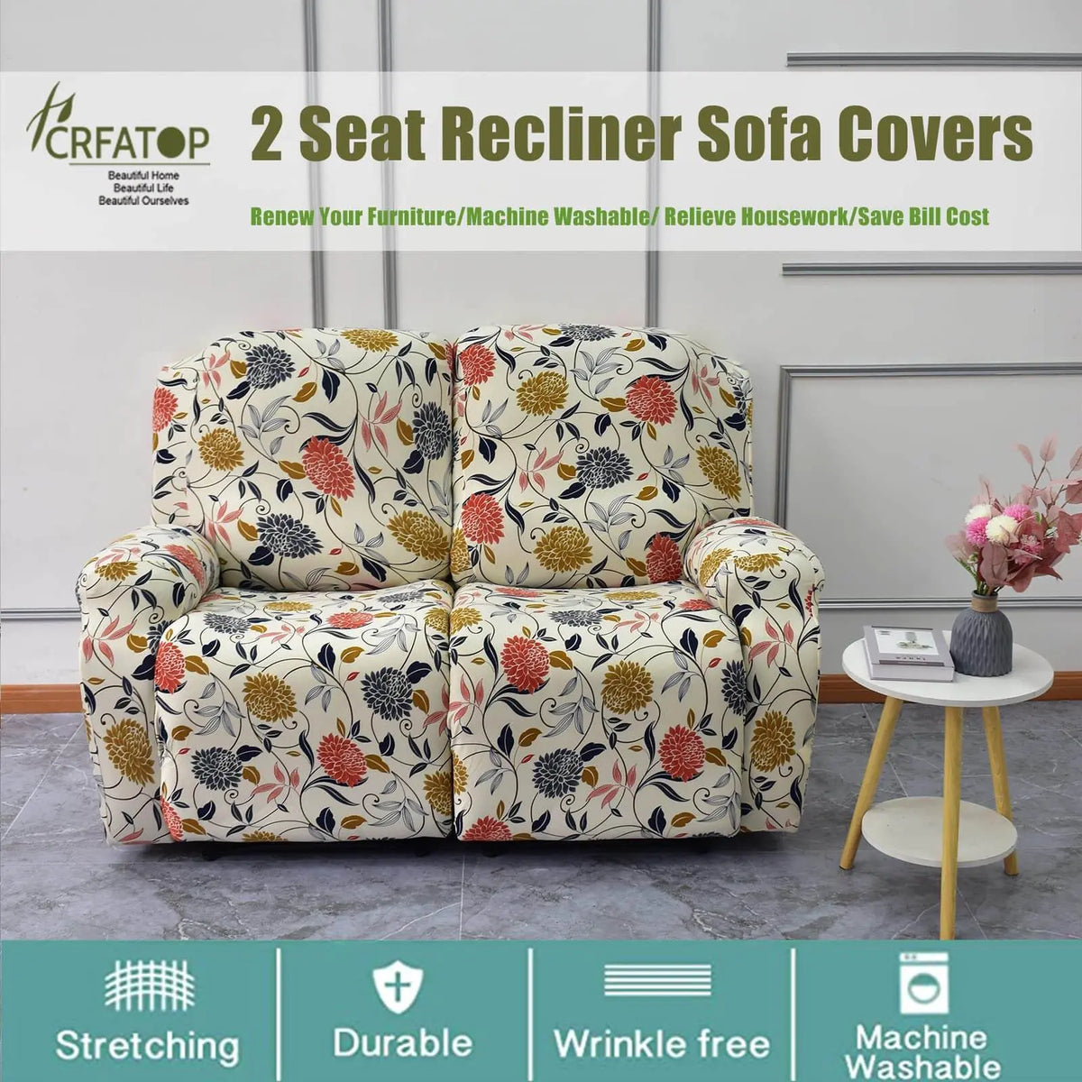 Printed Recliner Couch Cover 2-seater Loveseat Slipcover for Recliner Crfatop %sku%