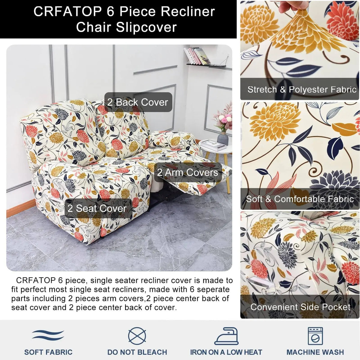 Printed Recliner Couch Cover 2-seater Loveseat Slipcover for Recliner Crfatop %sku%