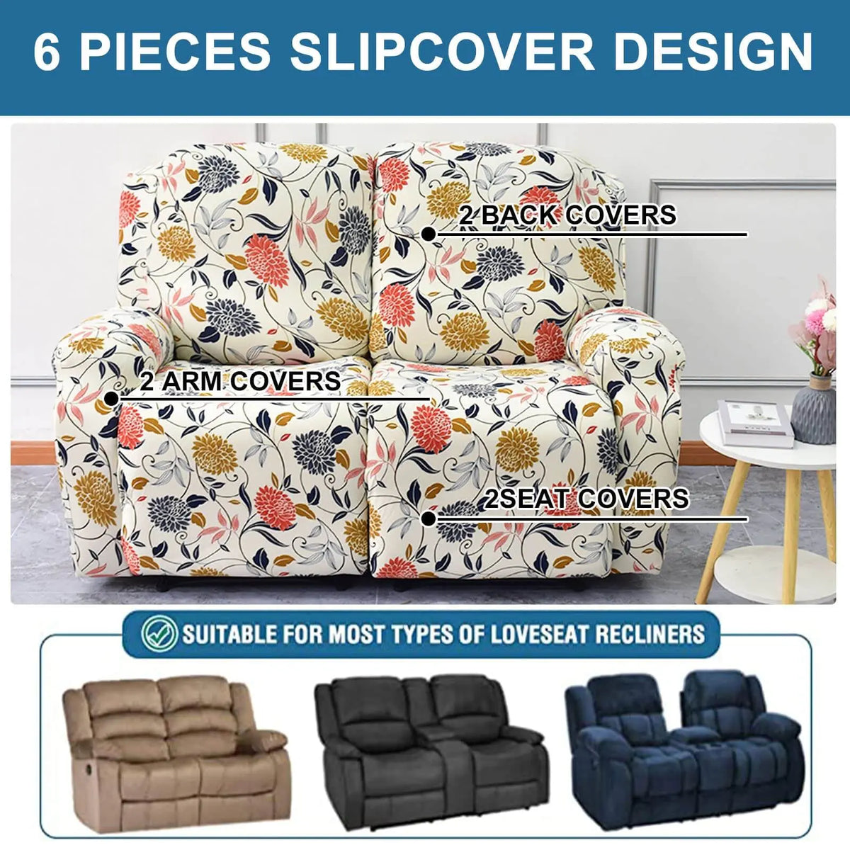 Printed Recliner Couch Cover 2-seater Loveseat Slipcover for Recliner Crfatop %sku%