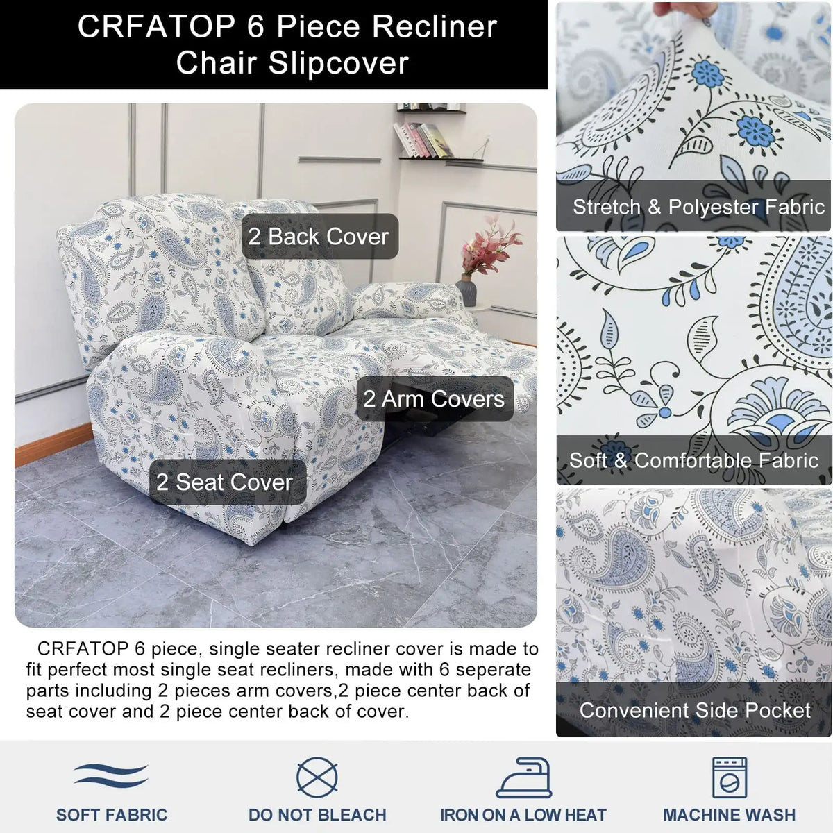 Crfatop Printed Recliner Loveseat Slipcover 2 Seat Recliner Sofa Covers (6 Pcs)