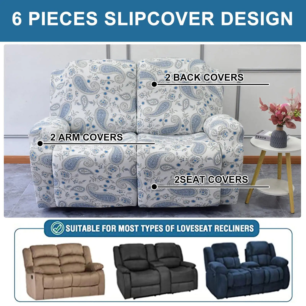 Crfatop Printed Recliner Loveseat Slipcover 2 Seat Recliner Sofa Covers (6 Pcs)