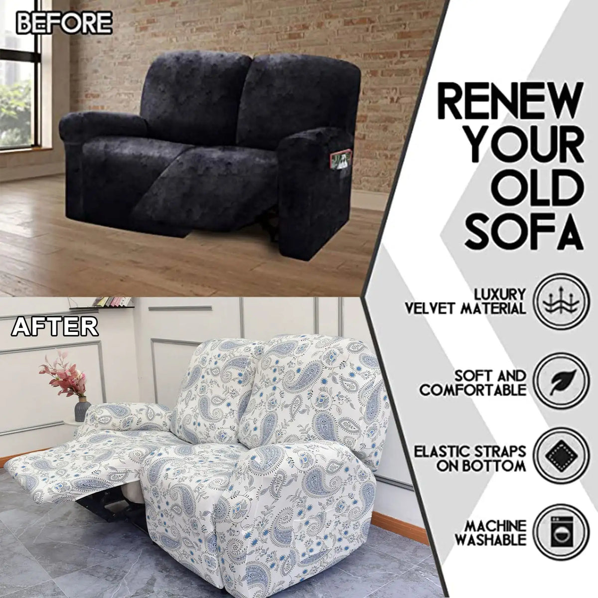 Crfatop Printed Recliner Loveseat Slipcover 2 Seat Recliner Sofa Covers (6 Pcs)