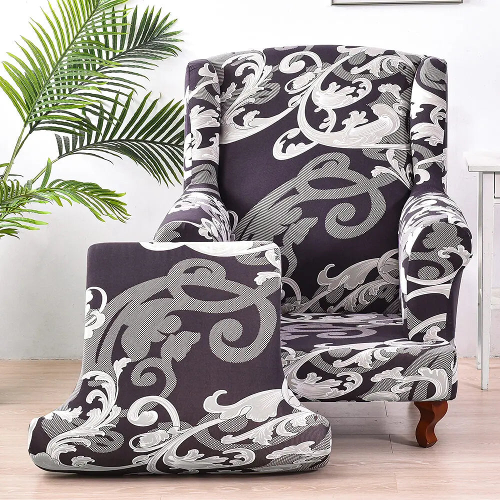 Printed Wing Chair Slipcovers Grey T-cushion Armchair Cover Crfatop %sku%