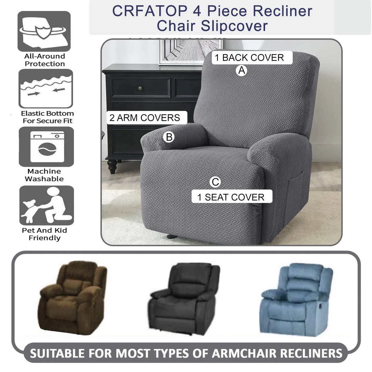 Solid Color Stretch Recliner Sofa Slipcover Durable Water Resistant Stain Resistant Slipcover Crfatop %sku%