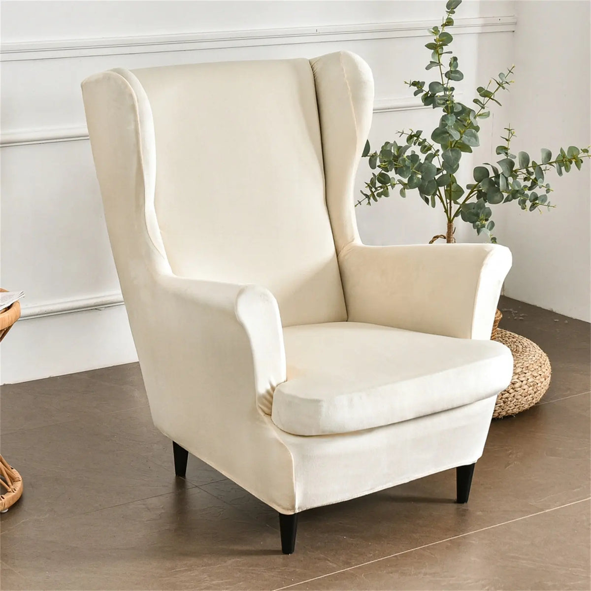 Solid Color Wingback Chair Cover Stretch Armchair Velvet Plush Wingback Chair Slipcover Crfatop %sku%