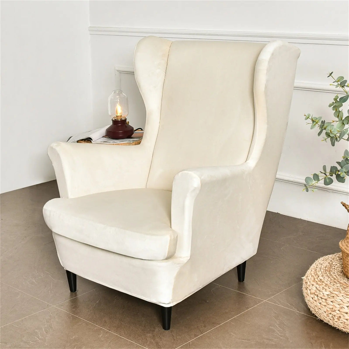 Solid Color Wingback Chair Cover Stretch Armchair Velvet Plush Wingback Chair Slipcover Crfatop %sku%