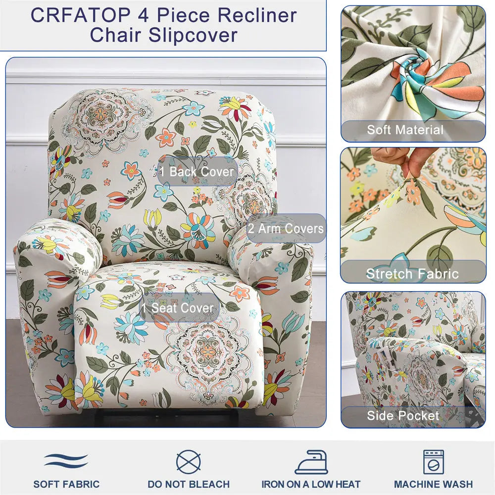 Stretch Recliner Sofa Cover 1 Set of 4 Pieces Floral Prints Sofa Cover with Side Pocket Crfatop %sku%
