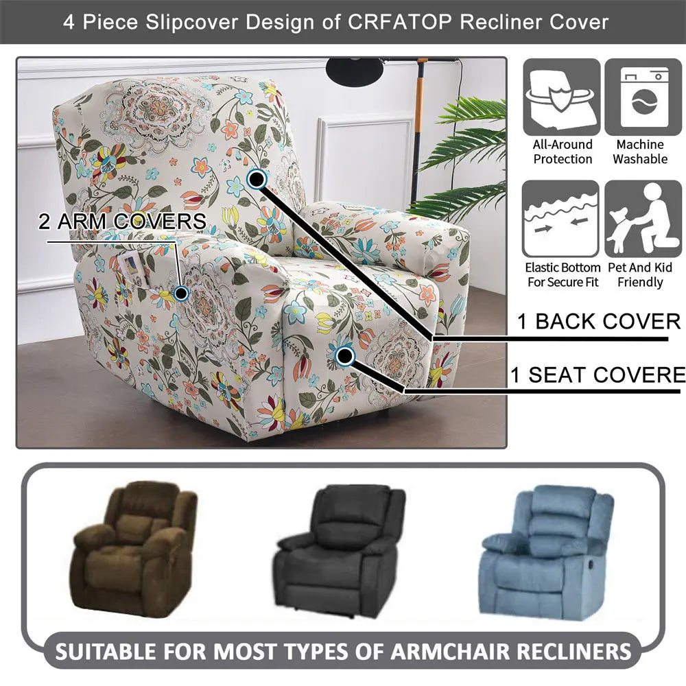 Stretch Recliner Sofa Cover 1 Set of 4 Pieces Floral Prints Sofa Cover with Side Pocket Crfatop %sku%