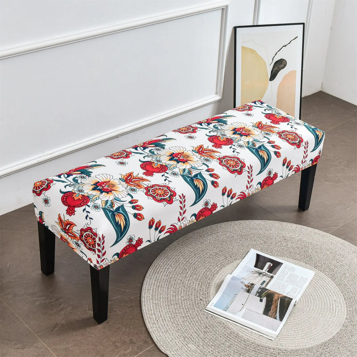 Stretchy Floral Printed Dining Bench Cover Removable Upholstered Slipcover Top Level Eco-Ancheng %sku%