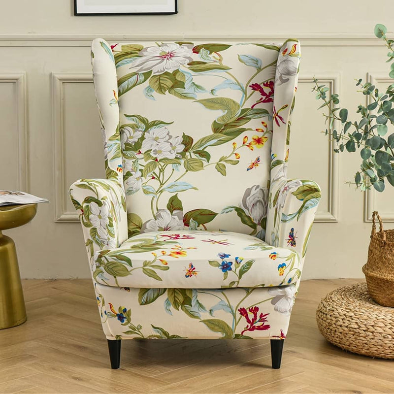 Floral Wingback Chair Slipcover Large Spandex Armchair Cover 2 Pieces Set Crfatop %sku%