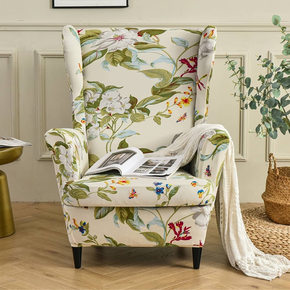 Floral Wingback Chair Slipcover Large Spandex Armchair Cover 2 Pieces Set Crfatop %sku%