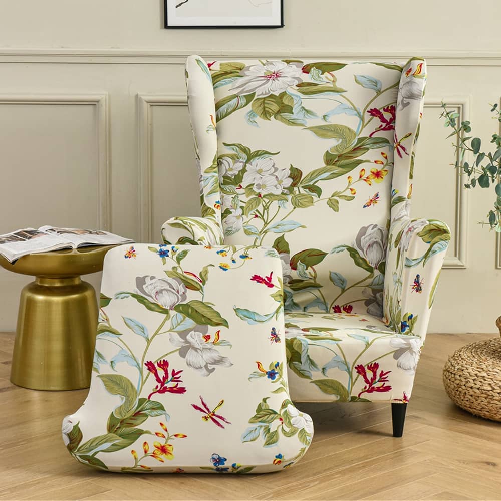 Floral Wingback Chair Slipcover Large Spandex Armchair Cover 2 Pieces Set Crfatop %sku%