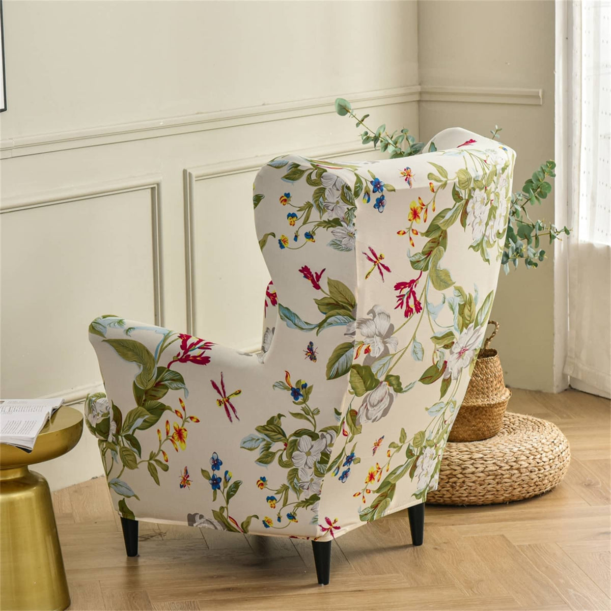 Floral Wingback Chair Slipcover Large Spandex Armchair Cover 2 Pieces Set Crfatop %sku%