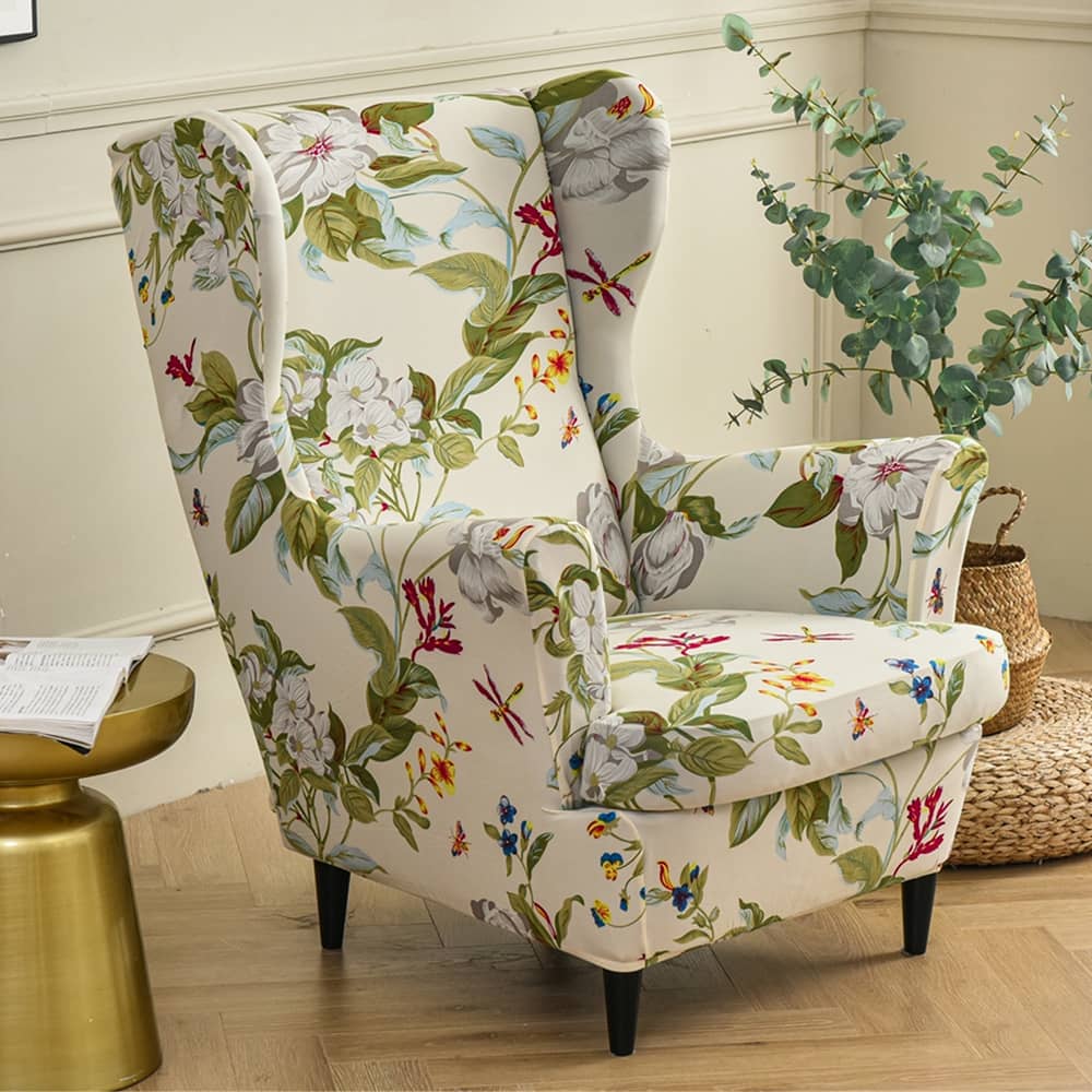 Floral Wingback Chair Slipcover Large Spandex Armchair Cover 2 Pieces Set Crfatop %sku%